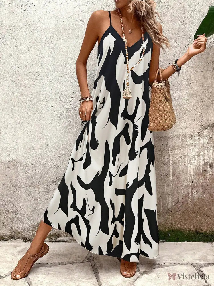 Vestido Longo Estampado Soltinho Com Alças Finas Preto / PP Vestido Longo Estampado Soltinho Com Alças Finas
