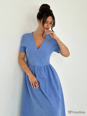 Vestido Longo Evasê Decote V Com Cintura Marcada Vestido Longo Evasê Decote V Com Cintura Marcada