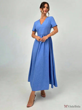 Vestido Longo Evasê Decote V Com Cintura Marcada Vestido Longo Evasê Decote V Com Cintura Marcada