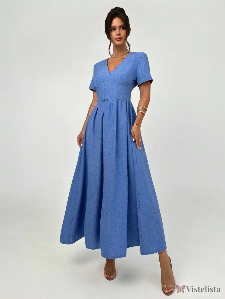 Vestido Longo Evasê Decote V Com Cintura Marcada Azul Royal / PP Vestido Longo Evasê Decote V Com Cintura Marcada