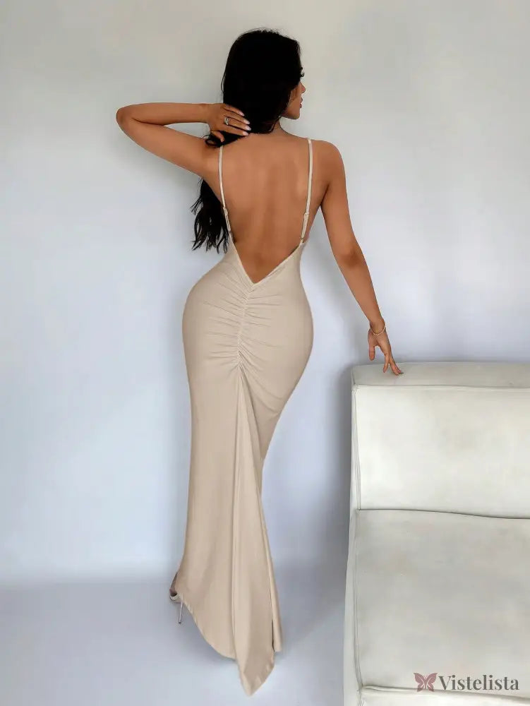 Vestido Longo Justo Elegante Decote Profundo Costas Abertas Cáqui / PP Vestido Longo Justo Elegante Decote Profundo