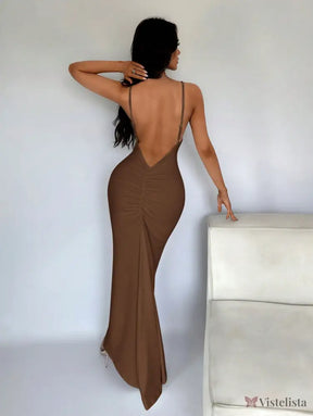 Vestido Longo Justo Elegante Decote Profundo Costas Abertas Marrom / PP Vestido Longo Justo Elegante Decote Profundo