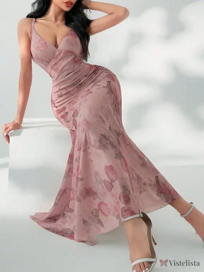 Vestido Longo Justo Floral Decote V Profundo Vestido Longo Justo Floral Decote V Profundo