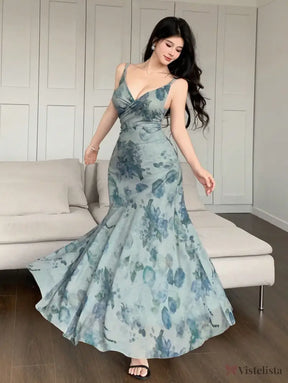 Vestido Longo Justo Floral Decote V Profundo Vestido Longo Justo Floral Decote V Profundo