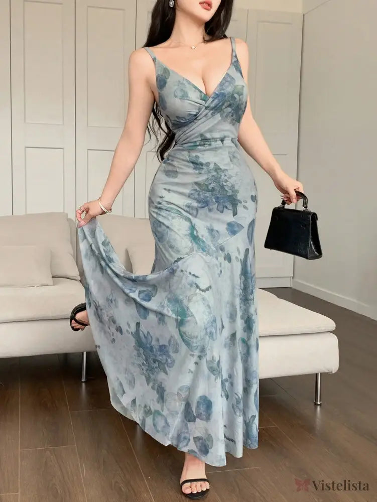 Vestido Longo Justo Floral Decote V Profundo Azul / PP Vestido Longo Justo Floral Decote V Profundo