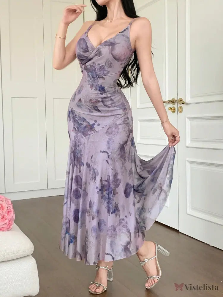 Vestido Longo Justo Floral Decote V Profundo Malva / PP Vestido Longo Justo Floral Decote V Profundo