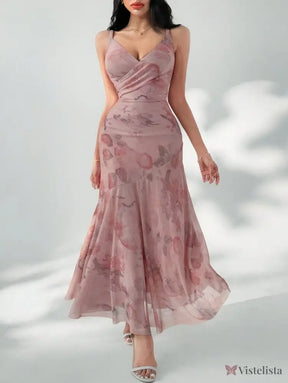 Vestido Longo Justo Floral Decote V Profundo Rosa Bebê / PP Vestido Longo Justo Floral Decote V Profundo