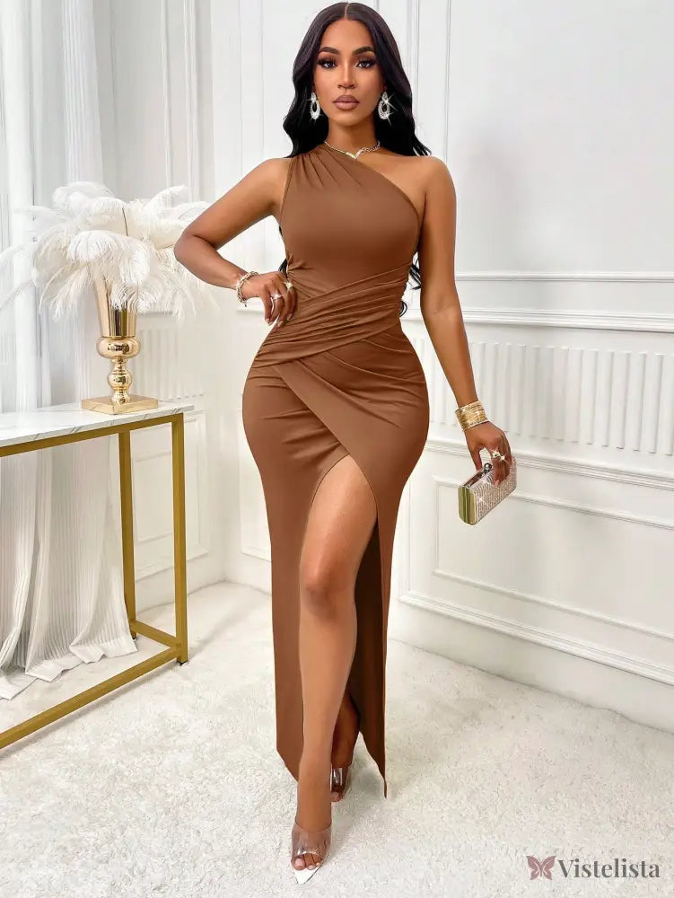 Vestido Longo Justo Um Ombro Só Com Fenda Sofisticada Marrom / PP Vestido Longo Justo Um Ombro Só Com Fenda Sofisticada