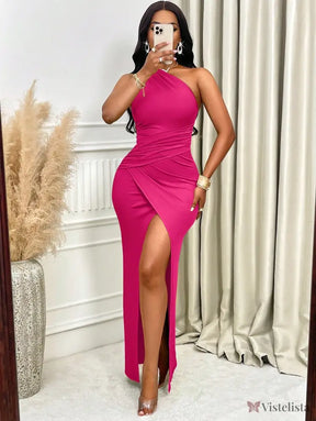 Vestido Longo Justo Um Ombro Só Com Fenda Sofisticada Pink / PP Vestido Longo Justo Um Ombro Só Com Fenda Sofisticada