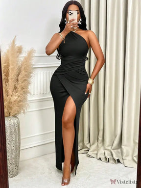 Vestido Longo Justo Um Ombro Só Com Fenda Sofisticada Preto / PP Vestido Longo Justo Um Ombro Só Com Fenda Sofisticada
