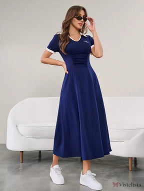Vestido Longo Minimalista Decote V Cintura Ajustada Azul-marinho / PP Vestido Longo Minimalista Decote V Cintura