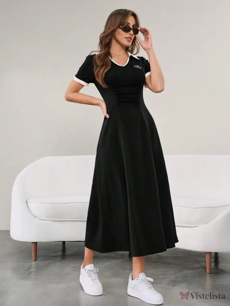 Vestido Longo Minimalista Decote V Cintura Ajustada Preto / PP Vestido Longo Minimalista Decote V Cintura Ajustada