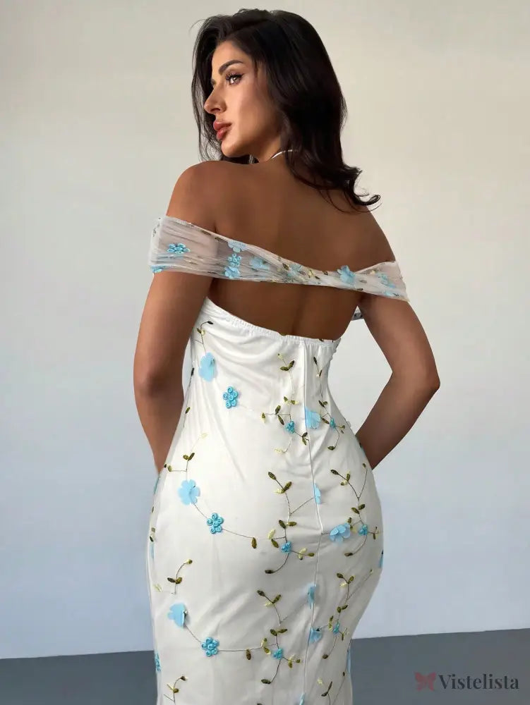 Vestido Longo Ombro A Ombro Com Estampa Floral Romântica Azul Cadente / PP Vestido Longo Ombro A Ombro Com Estampa