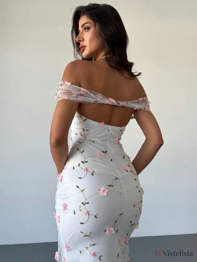 Vestido Longo Ombro A Ombro Com Estampa Floral Romântica Branco / PP Vestido Longo Ombro A Ombro Com Estampa Floral