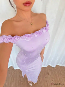 Vestido Longo Ombro a Ombro Com Pérolas e Flores Roxo / PP Vestido Longo Ombro a Ombro Com Pérolas e Flores