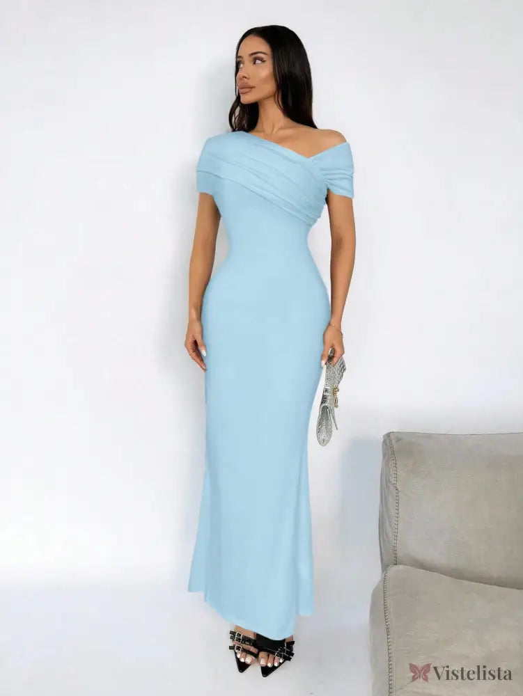 Vestido Longo Ombro A Ombro Justo Elegante Sofisticado Azul Claro / PP Vestido Longo Ombro A Ombro Justo Elegante