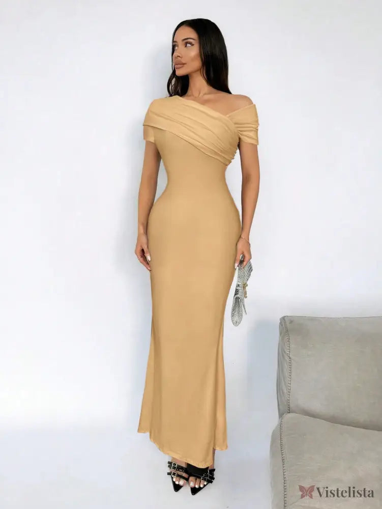 Vestido Longo Ombro A Ombro Justo Elegante Sofisticado Caramelo / PP Vestido Longo Ombro A Ombro Justo Elegante