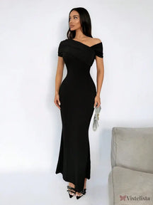 Vestido Longo Ombro A Ombro Justo Elegante Sofisticado Preto / PP Vestido Longo Ombro A Ombro Justo Elegante Sofisticado