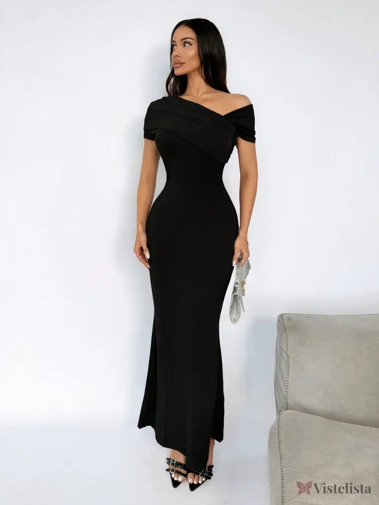 Vestido Longo Ombro A Ombro Justo Elegante Sofisticado Preto / PP Vestido Longo Ombro A Ombro Justo Elegante Sofisticado