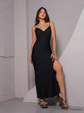 Vestido Longo Slip Dress Elegante Com Fenda Lateral Preto / PP Vestido Longo Slip Dress Elegante Com Fenda Lateral