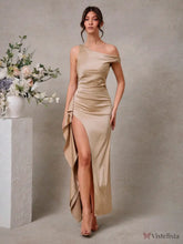 Vestido Longo Um Ombro Só Cetim Com Fenda Sofisticada Champanhe / PP Vestido Longo Um Ombro Só Cetim Com Fenda