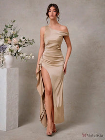 Vestido Longo Um Ombro Só Cetim Com Fenda Sofisticada Champanhe / PP Vestido Longo Um Ombro Só Cetim Com Fenda