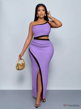 Vestido Longo Um Ombro Só Com Recorte Na Cintura E Fenda Roxo / PP Vestido Longo Um Ombro Só Com Recorte Na Cintura E