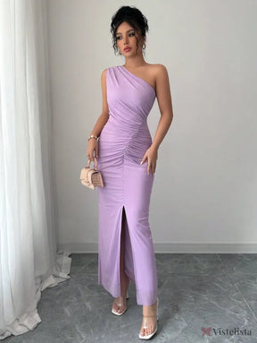 Vestido Longo Um Ombro Só Drapeado Com Fenda Discreta Vestido Longo Um Ombro Só Drapeado Com Fenda Discreta