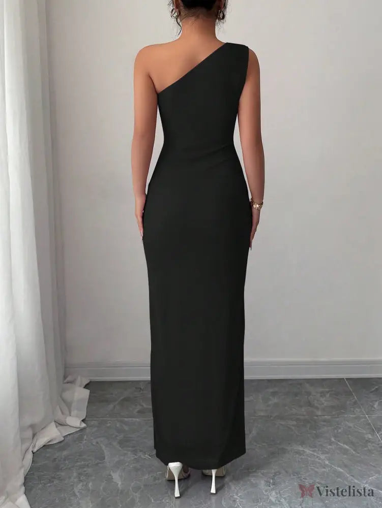 Vestido Longo Um Ombro Só Drapeado Com Fenda Discreta Vestido Longo Um Ombro Só Drapeado Com Fenda Discreta