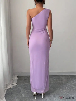 Vestido Longo Um Ombro Só Drapeado Com Fenda Discreta Vestido Longo Um Ombro Só Drapeado Com Fenda Discreta