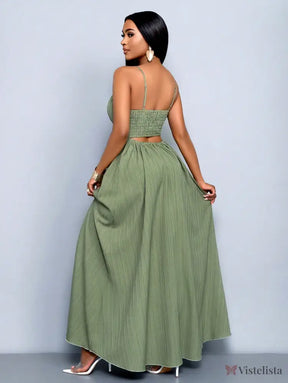 Vestido Longo Verde Com Alças Finas E Cintura Franzida Vestido Longo Verde Com Alças Finas E Cintura Franzida