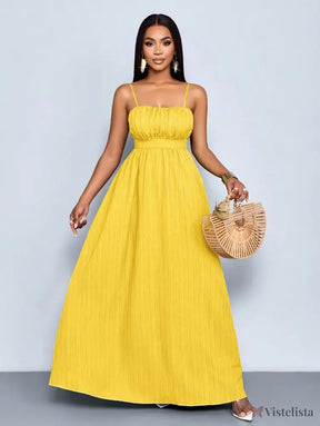 Vestido Longo Verde Com Alças Finas E Cintura Franzida Vestido Longo Verde Com Alças Finas E Cintura Franzida