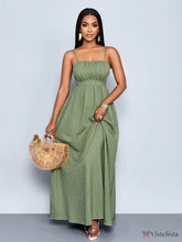 Vestido Longo Verde Com Alças Finas E Cintura Franzida Verde / PP Vestido Longo Verde Com Alças Finas E Cintura Franzida
