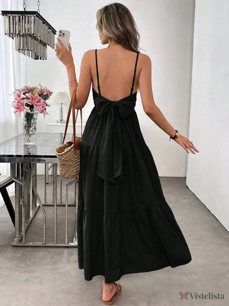 Vestido Longo Verde Com Laço Nas Costas E Camadas Fluídas Preto / PP Vestido Longo Verde Com Laço Nas Costas E Camadas