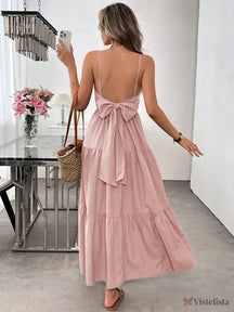 Vestido Longo Verde Com Laço Nas Costas E Camadas Fluídas Rosa / PP Vestido Longo Verde Com Laço Nas Costas E Camadas