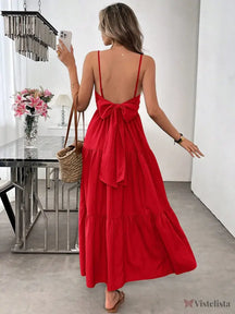Vestido Longo Verde Com Laço Nas Costas E Camadas Fluídas Vermelho / PP Vestido Longo Verde Com Laço Nas Costas E