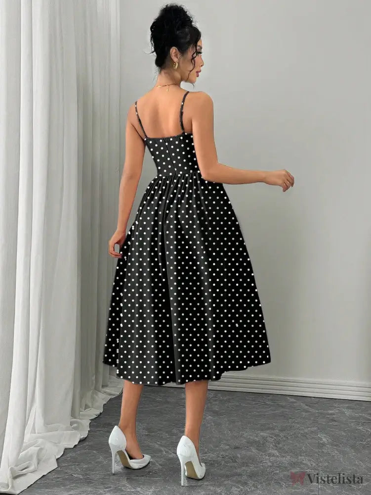 Vestido Midi Acinturado Com Alças Finas E Estampa Poá Vestido Midi Acinturado Com Alças Finas E Estampa Poá