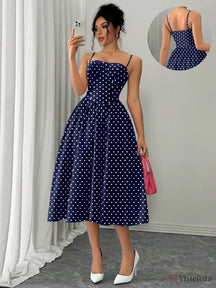 Vestido Midi Acinturado Com Alças Finas E Estampa Poá Azul-marinho / PP Vestido Midi Acinturado Com Alças Finas E