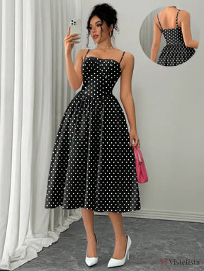 Vestido Midi Acinturado Com Alças Finas E Estampa Poá Preto / PP Vestido Midi Acinturado Com Alças Finas E Estampa Poá