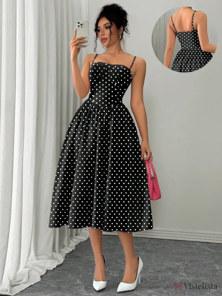 Vestido Midi Acinturado Com Alças Finas E Estampa Poá Preto / PP Vestido Midi Acinturado Com Alças Finas E Estampa Poá