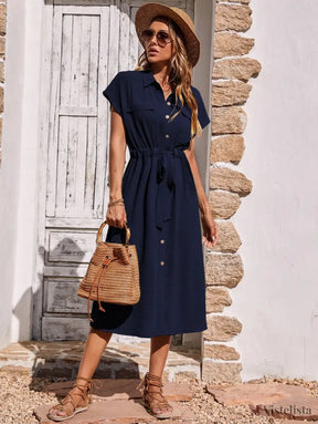 Vestido Midi Camisa Casual Com Cinto Ajustável Vestido Midi Camisa Casual Com Cinto Ajustável
