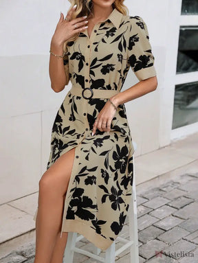 Vestido Midi Camisa Elegante Estampado Com Botões Vestido Midi Camisa Elegante Estampado Com Botões