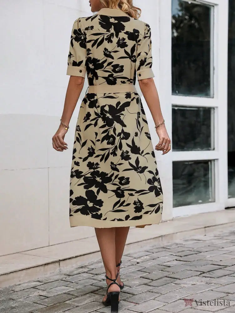 Vestido Midi Camisa Elegante Estampado Com Botões Vestido Midi Camisa Elegante Estampado Com Botões