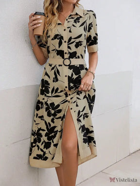 Vestido Midi Camisa Elegante Estampado Com Botões Cáqui / PP Vestido Midi Camisa Elegante Estampado Com Botões