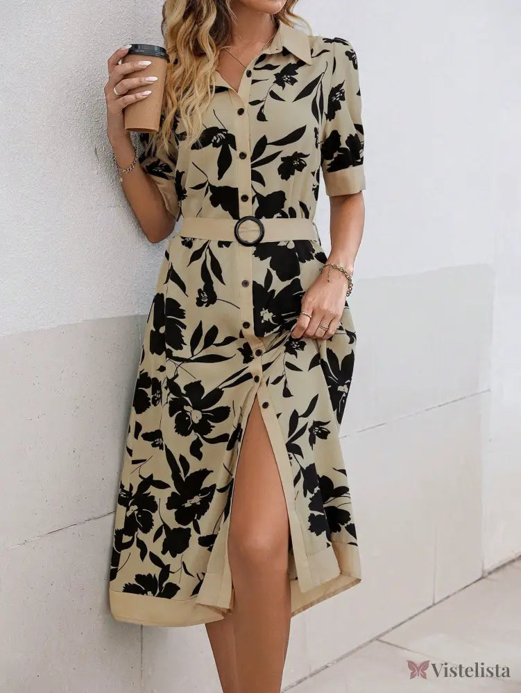 Vestido Midi Camisa Elegante Estampado Com Botões Cáqui / PP Vestido Midi Camisa Elegante Estampado Com Botões