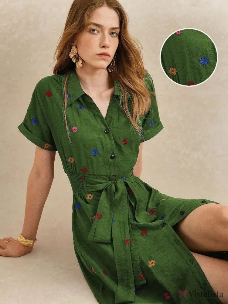 Vestido Midi Camisa Feminino Elegante Com Botões Verde / PP Vestido Midi Camisa Feminino Elegante Com Botões