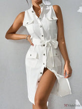 Vestido Midi Camisa Sem Manga Com Cinto Ajustável Branco / PP Vestido Midi Camisa Sem Manga Com Cinto Ajustável