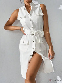 Vestido Midi Camisa Sem Manga Com Cinto Ajustável Branco / PP Vestido Midi Camisa Sem Manga Com Cinto Ajustável