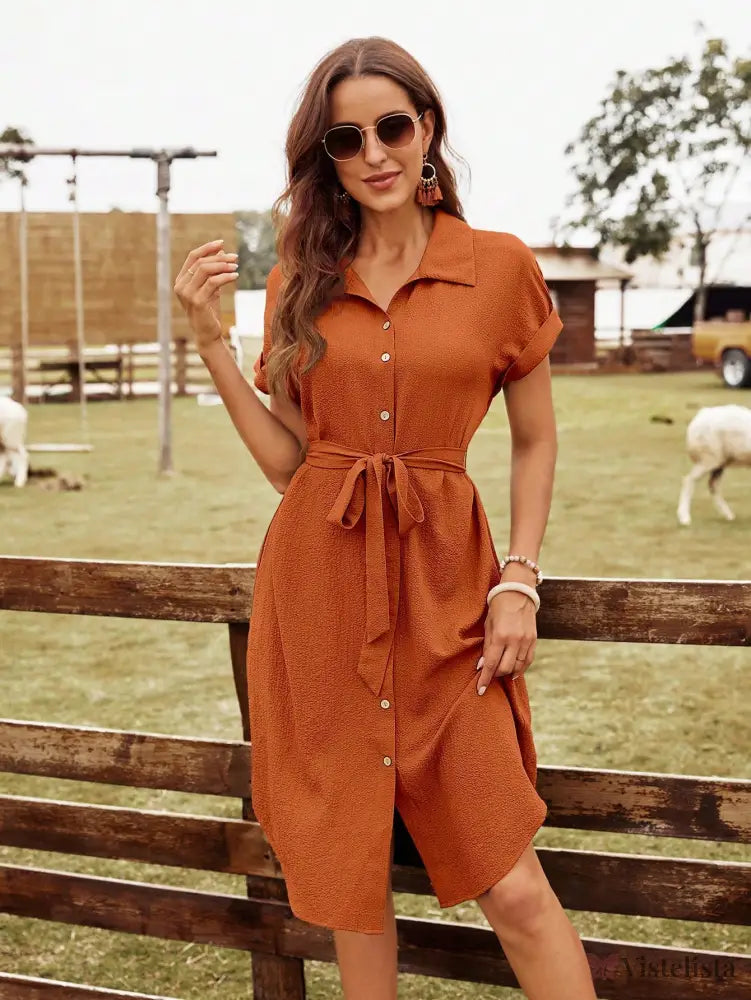 Vestido Midi Chemise Com Botões E Cinto Ajustável Marrom Ferrugem / PP Vestido Midi Chemise Com Botões E Cinto Ajustável