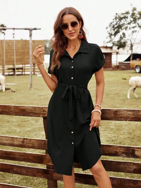 Vestido Midi Chemise Com Botões E Cinto Ajustável Preto / PP Vestido Midi Chemise Com Botões E Cinto Ajustável